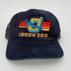 Vintage 70s O'Brien Skis Embroidered Corduroy Trucker Cap Navy Colorful
